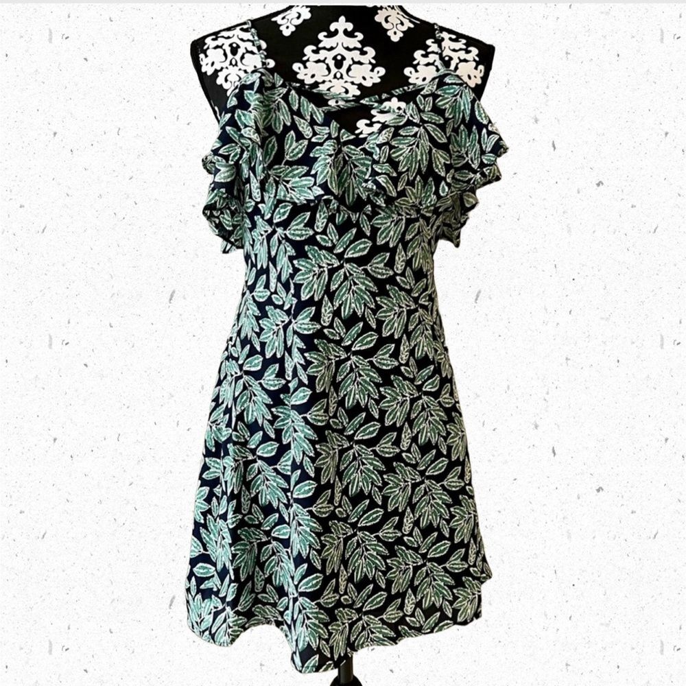 VERNACULAR Off the Shoulder Spaghetti Strap Ruffle Sun Dress Navy Green Small